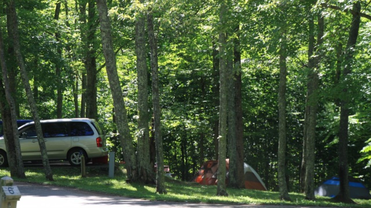 Minivan parked in a wooded campsite with tents in the background.