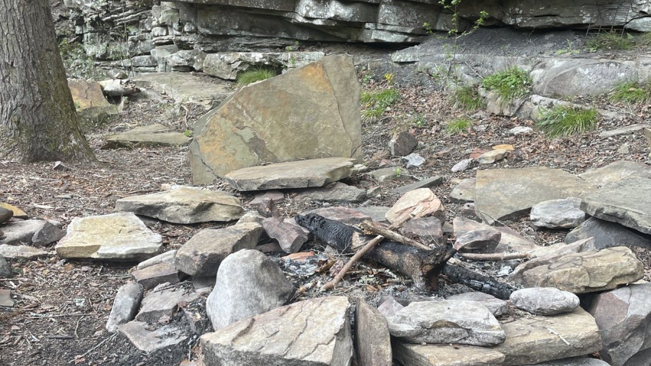 Stone fire pit in a wooded area with rocky cliff background.