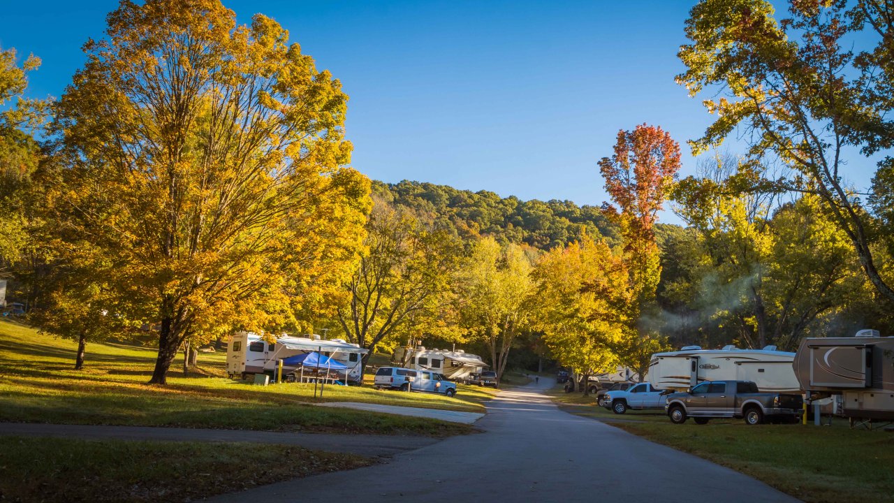 Campsite with RVs under colorful autumn trees, blue sky.