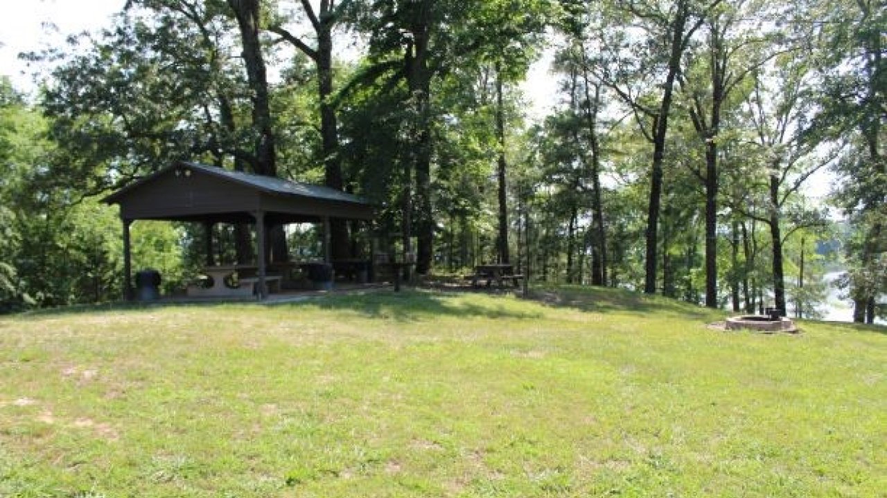 Grassy field with a pavilion and trees under a sunny sky.