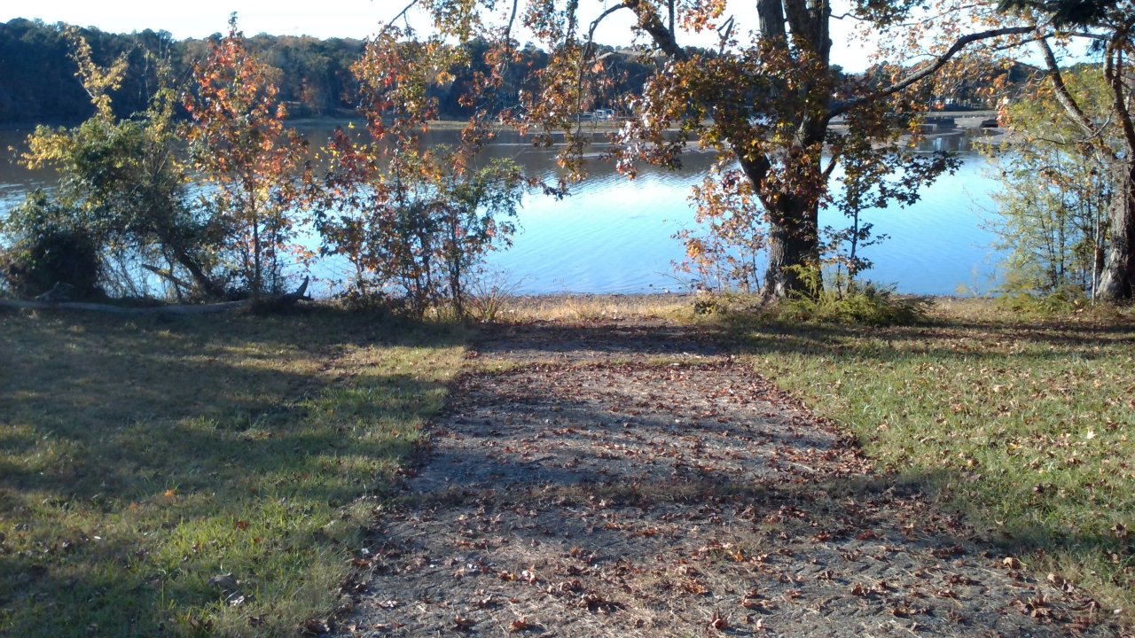 Pathway leading to a lake, surrounded by autumn trees.