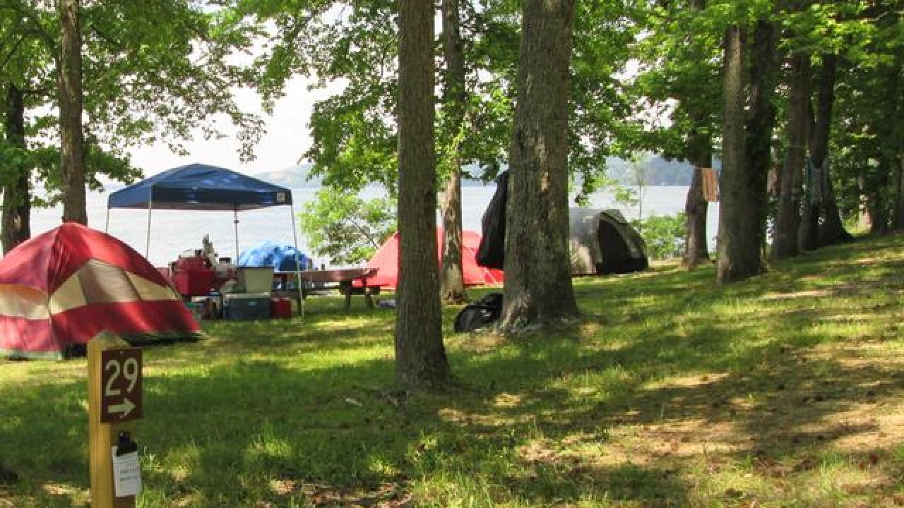 Campsite with tents and canopy in a wooded area by a lake, sunny day.