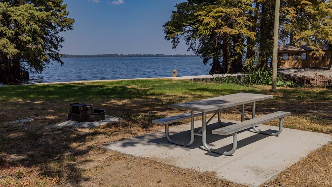 A picnic table by a lake under a clear blue sky.
