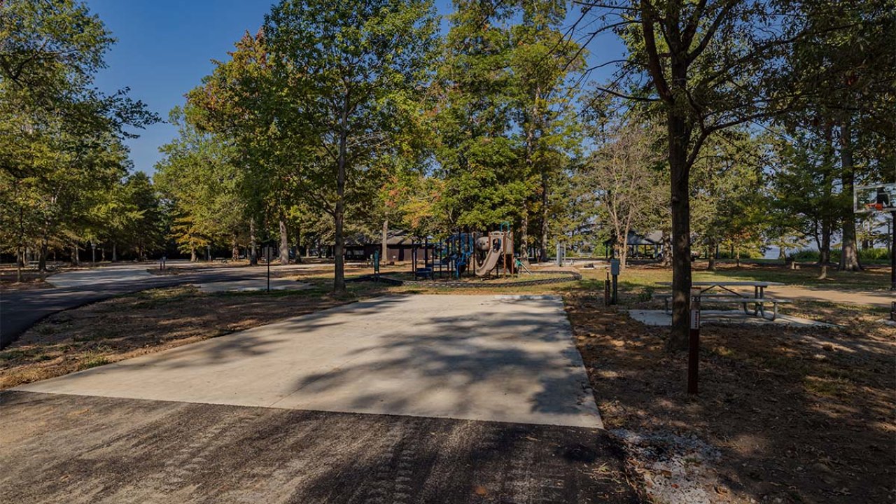 Pathway through a park with trees under a clear blue sky.