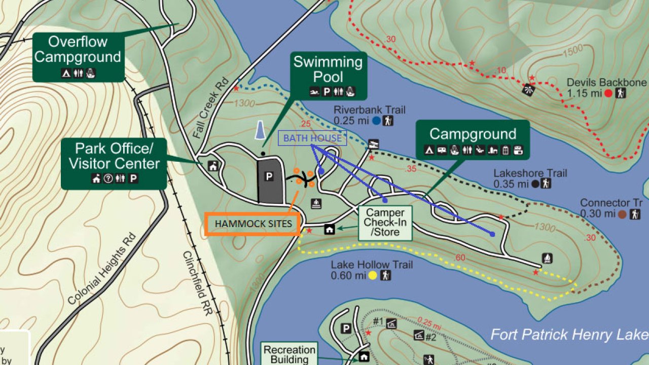 Illustrated map of a campground area showing trails, facilities, and a lake.