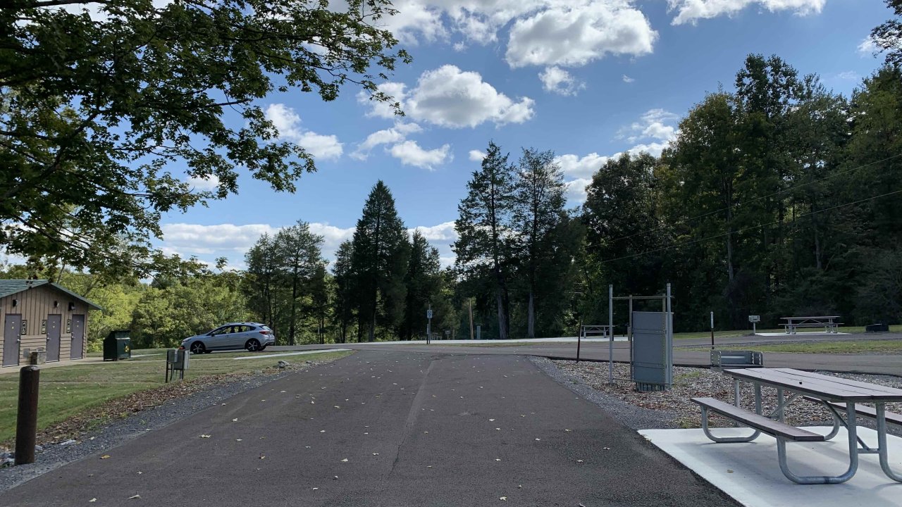 Empty park parking lot with picnic tables and trees on a sunny day.