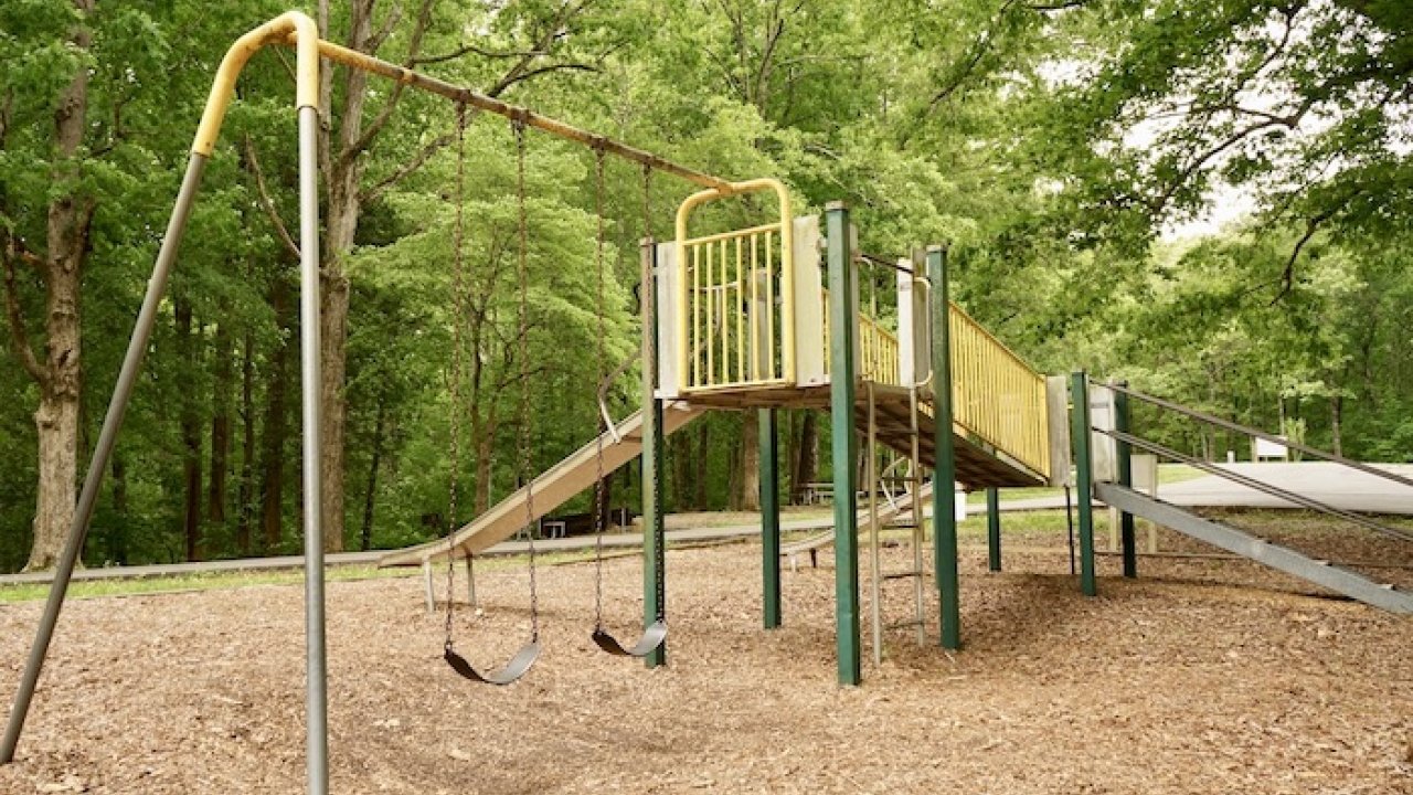 Empty playground with swings and a slide surrounded by trees.