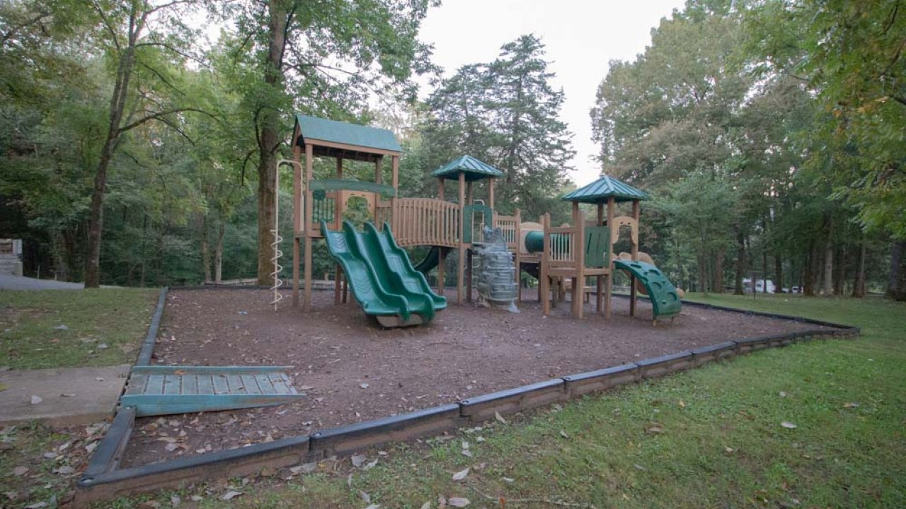 Wooden playground with slides in a tree-covered park at dusk.