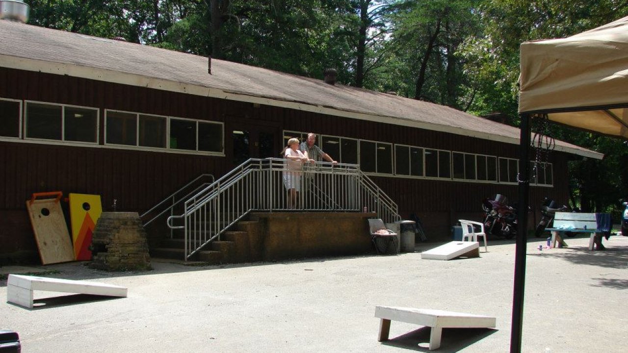 Dining hall with games outside.
