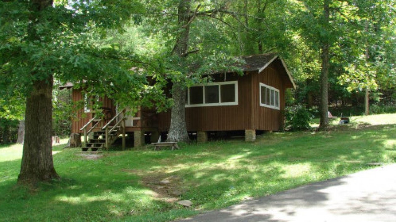 Wooden cabin surrounded by trees on a sunny day.