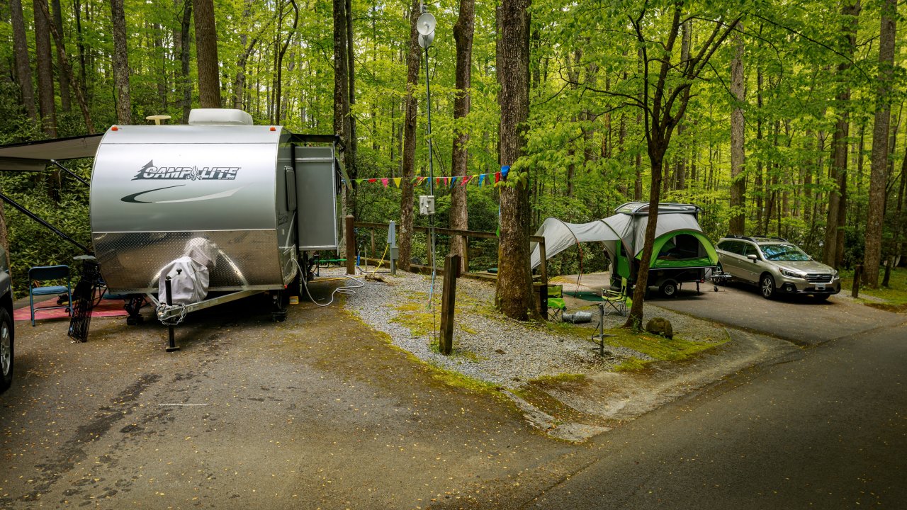 Campsite with two trailers surrounded by dense, green forest.