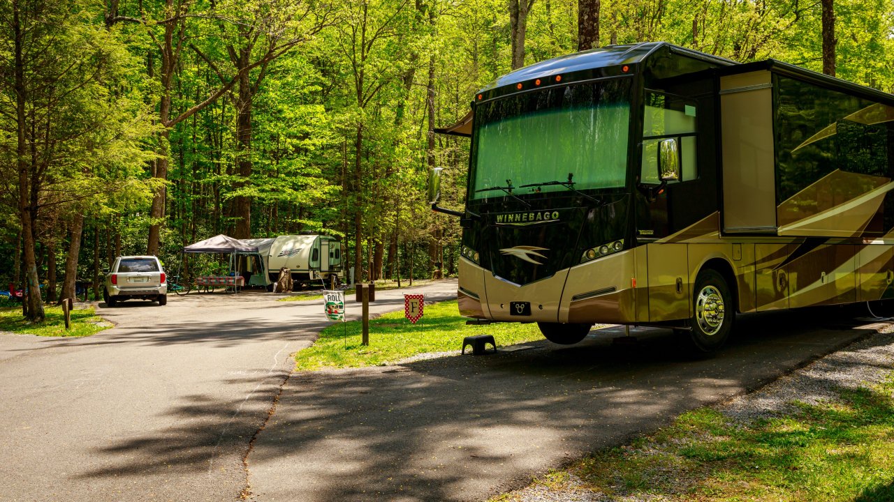 RV parked in a forest campsite, sunny day.