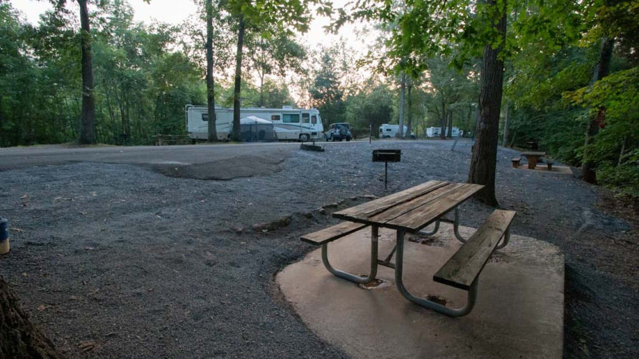 Sunrise at a serene campground with an empty picnic table and RVs in the background.