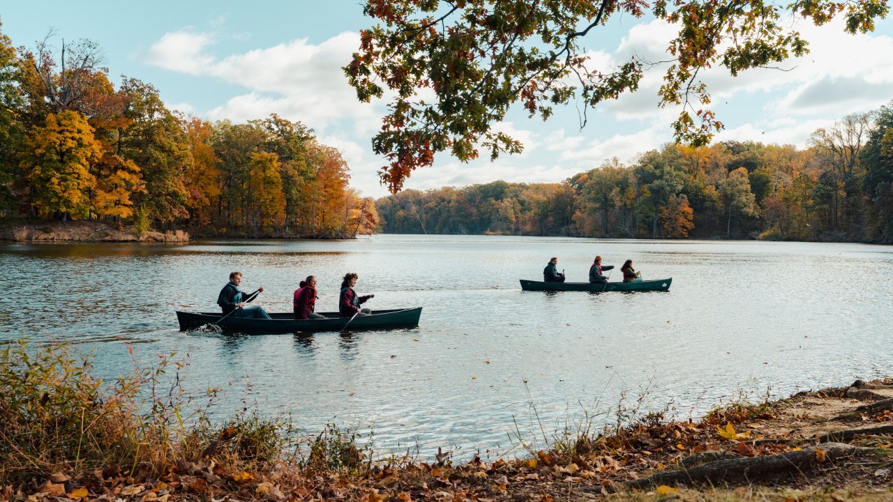 People paddling canoes on a calm lake surrounded by colorful fall trees under a partly cloudy sky.