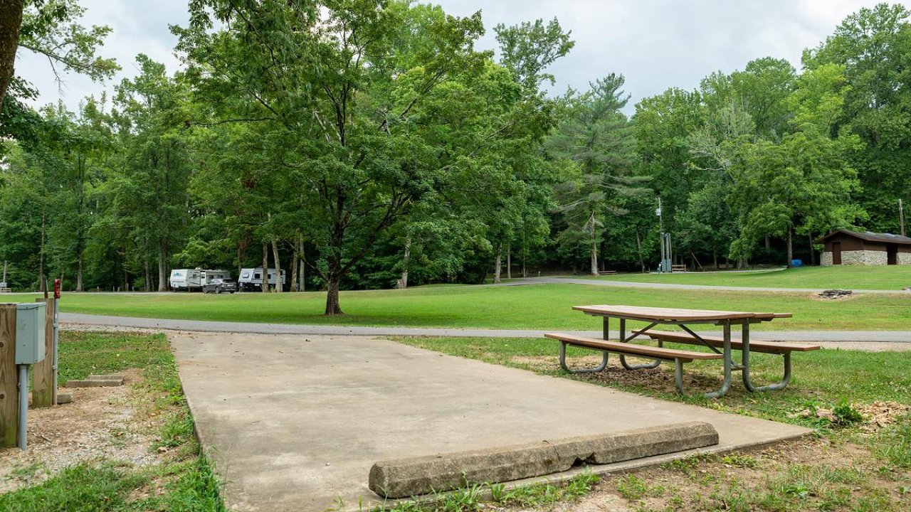 Concrete pad and picnic table in a green park with trees.