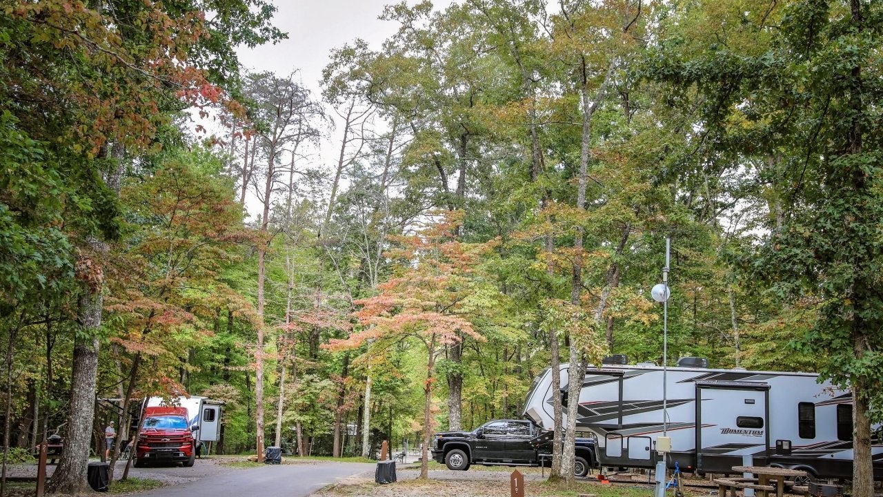 A quiet campground loop with multiple RVs and trucks parked at sites, picnic tables nearby, and trees showing hints of autumn color.