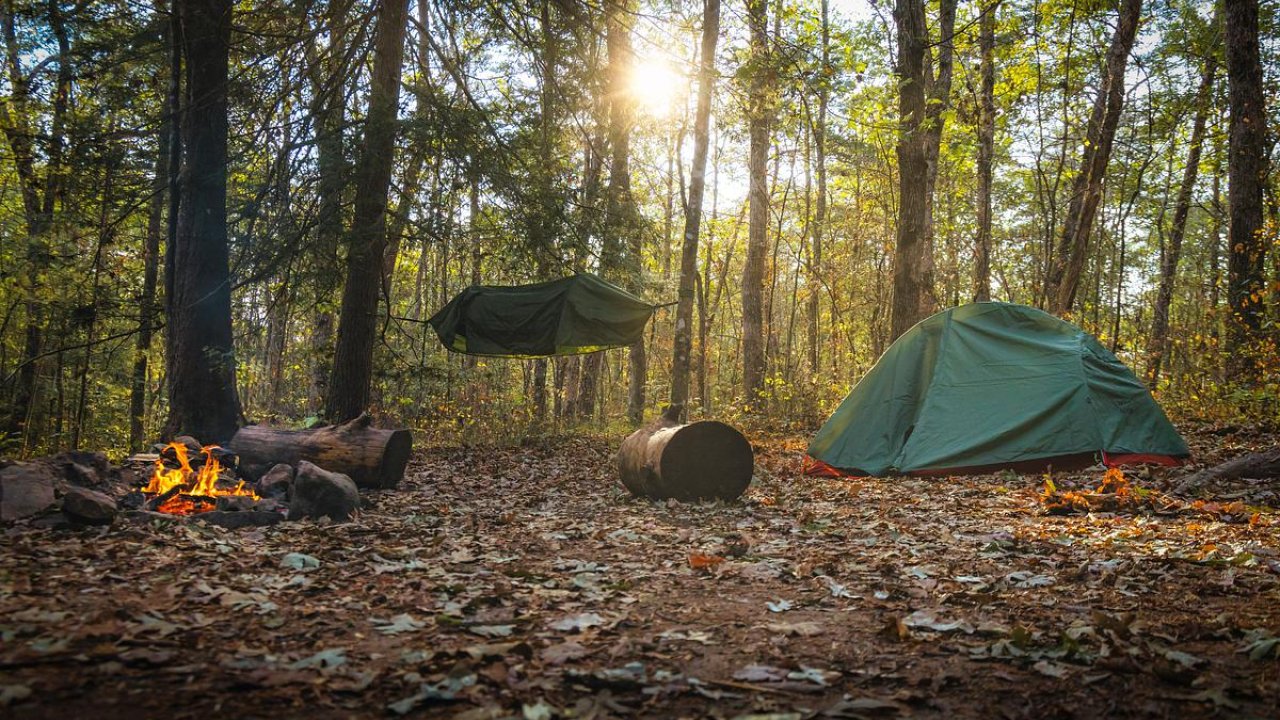 Forest campsite at sunrise with a green tent and a campfire.