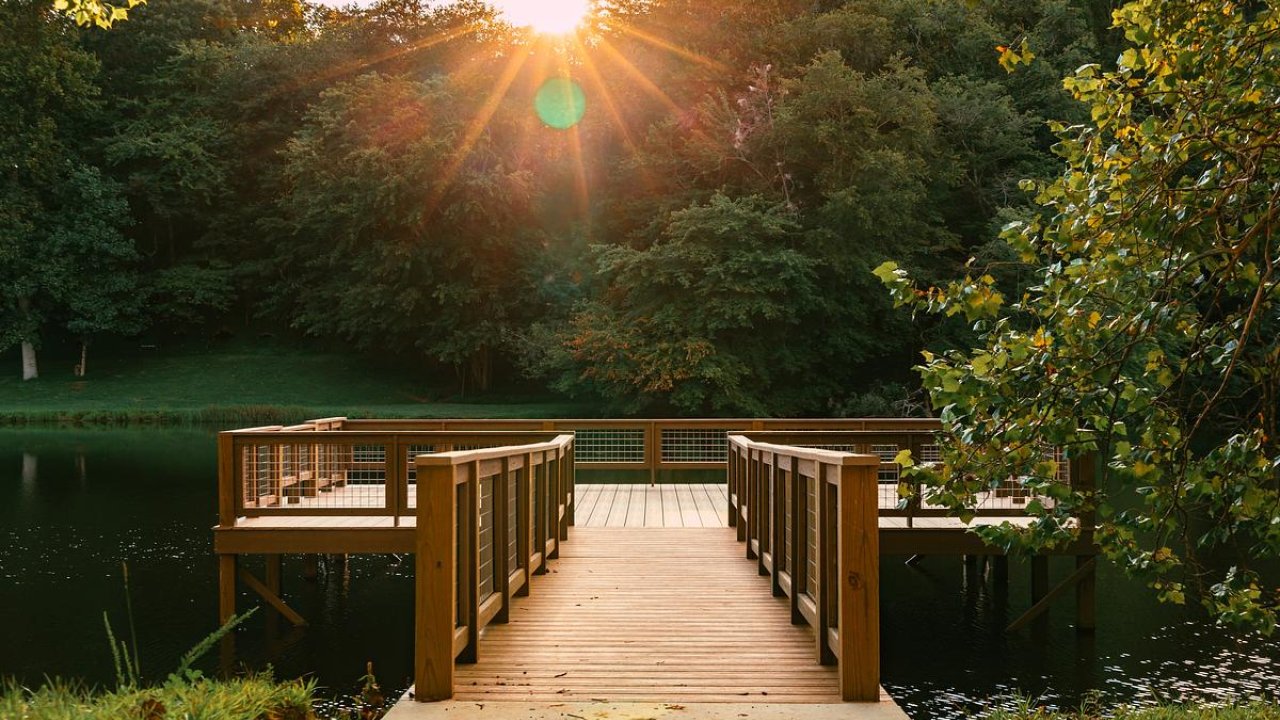 Wooden accessible pier leading to a tranquil lake at sunset, surrounded by trees.