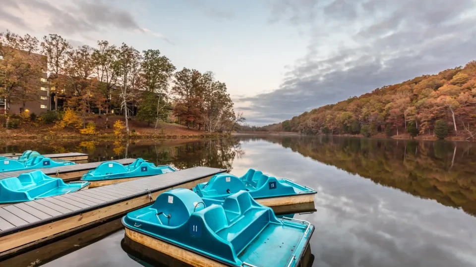 Paddle boats docked on a calm lake with autumn trees reflected in the water.