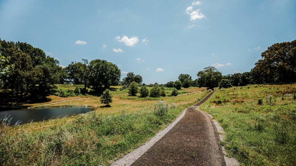Concrete path that goes along a grass field at T O Fuller
