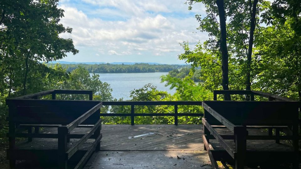 Trail leading to the overlook at tims ford. Wooden rails and platform balcony