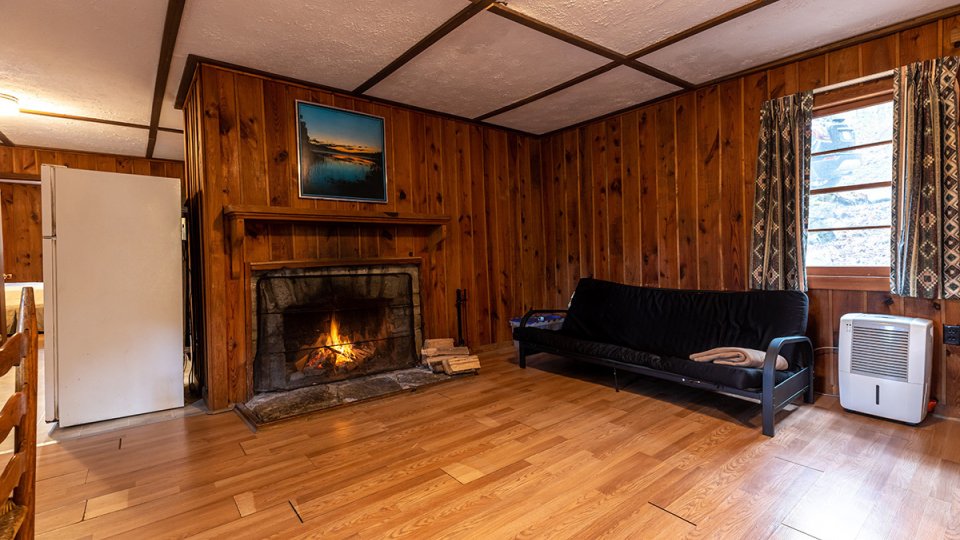 Living room inside a cabin with a fireplace and a black sofa
