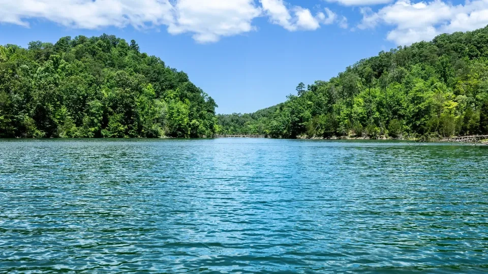 A serene lake with clear blue water is surrounded by lush green forested hills under a bright blue sky with scattered white clouds, evoking tranquility.