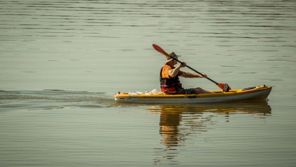 A male kayaker, speeding through a water clearing. 