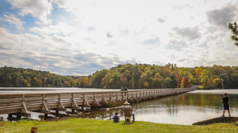 A serene lakeside scene with a wooden bridge leading into autumnal trees, under a partly cloudy sky. People fish and relax on the grassy shore.