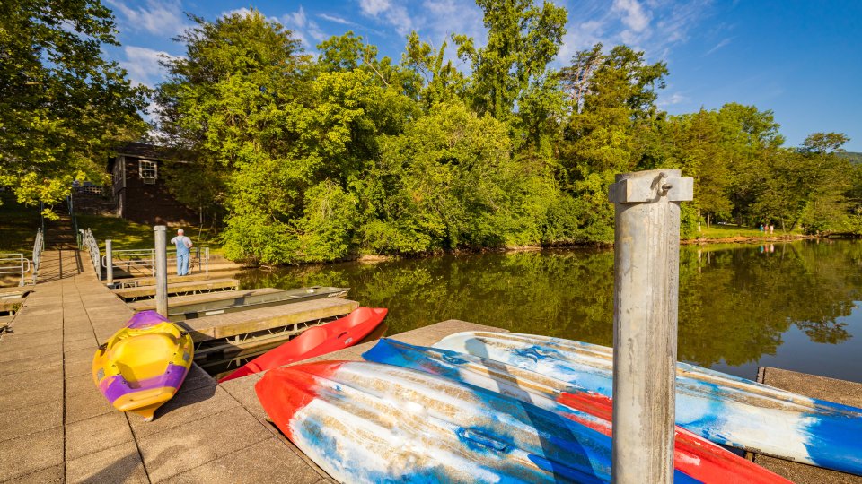 kayaks on boat dock 