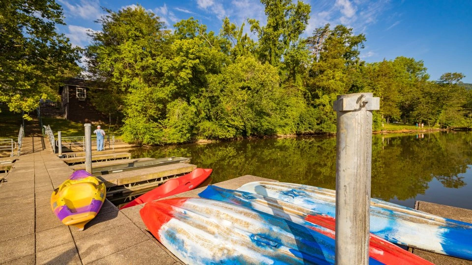 Dock with kayaks beside a calm lake surrounded by trees.