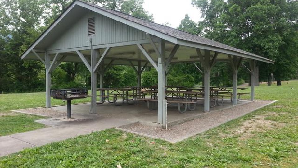 pavilion surrounded by grass and trees