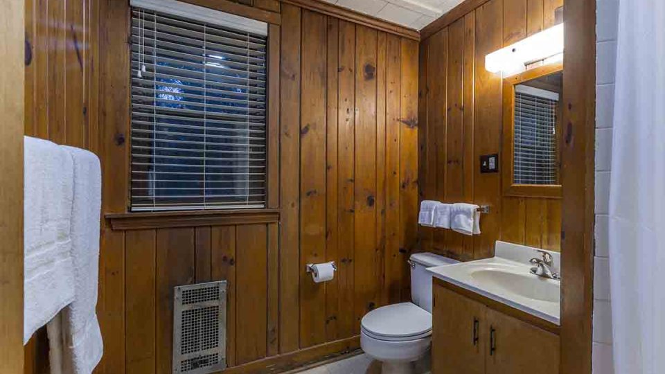 Wooden bathroom with toilet, sink, cabinet, mirror with light above, towels, and a window