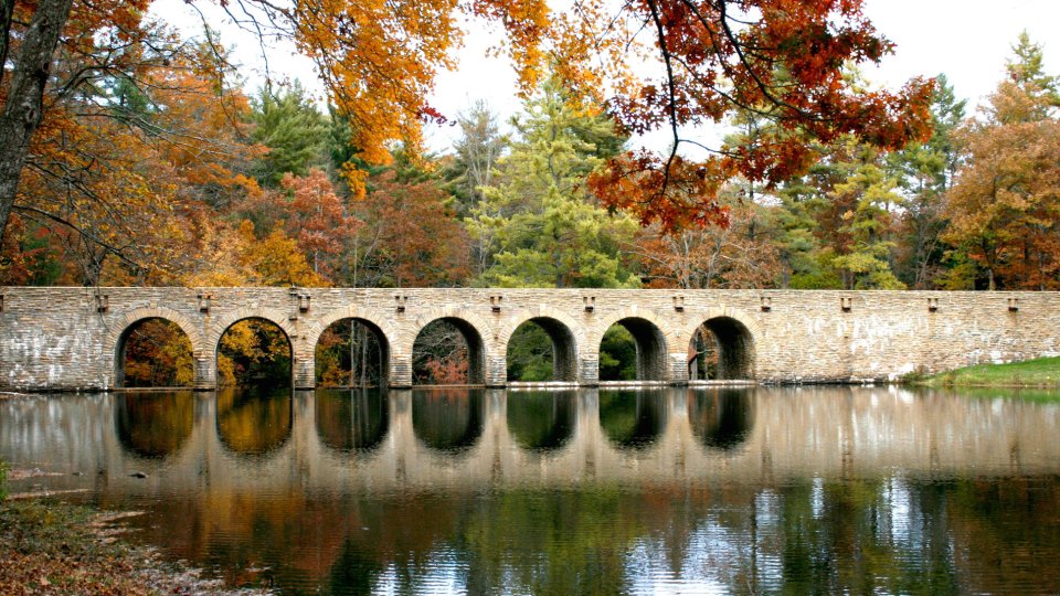 bridge over lake in fall