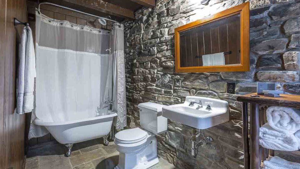 Wood and stone bathroom with shower tub, toilet, sink, mirror, wooden counter, towels, and overhead lighting