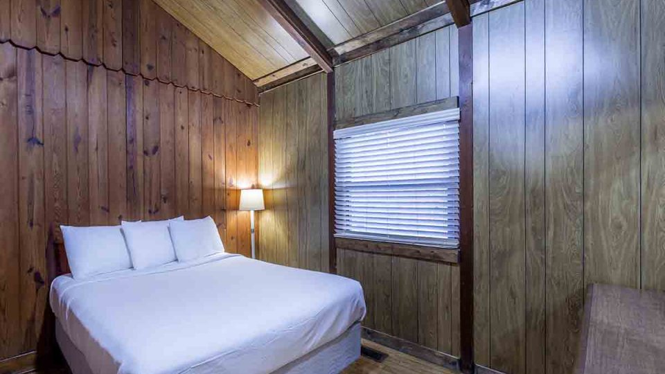 wooden bedroom with single bed that has a lamp in the corner, one window, and a dresser