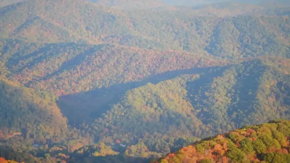 A panoramic view of rolling mountains blanketed in autumn foliage, displaying vibrant red, orange, and green hues. The scene conveys a peaceful, natural beauty.