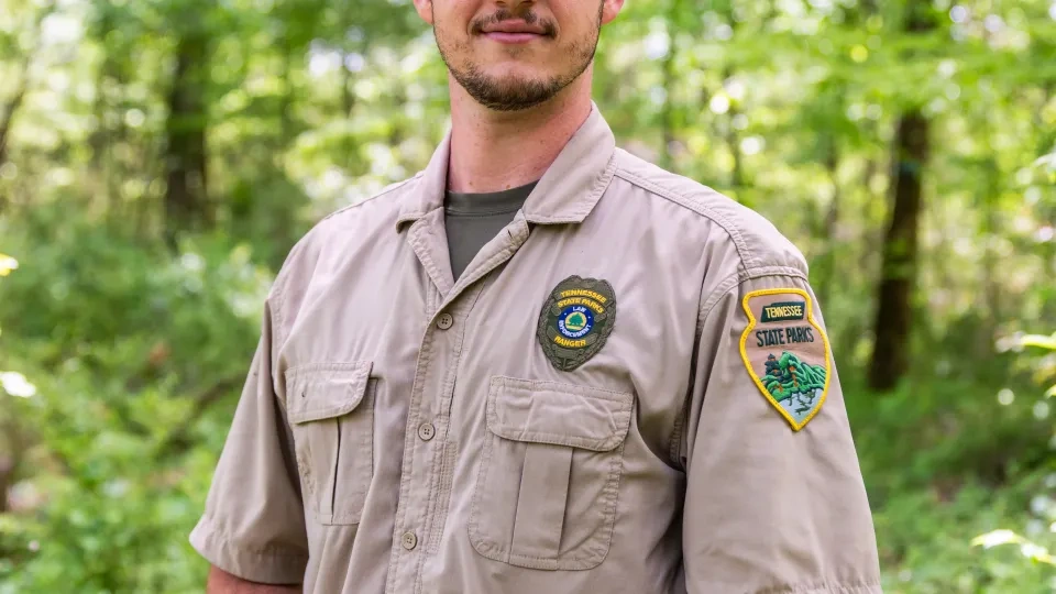 Park ranger in uniform standing in a sunlit forest.