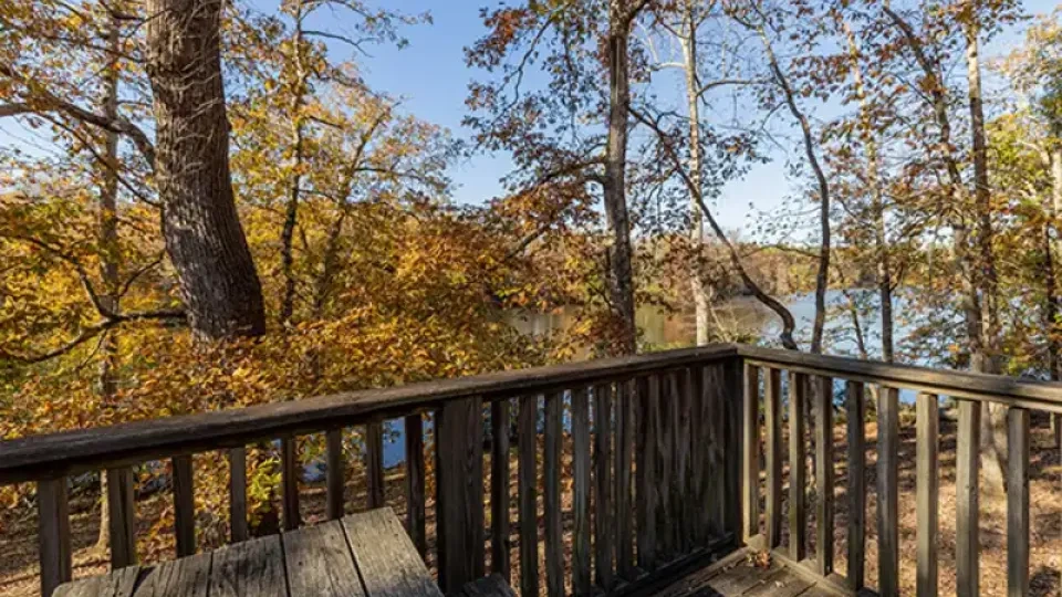 Deck overlooking autumn trees and a lake under a clear blue sky.