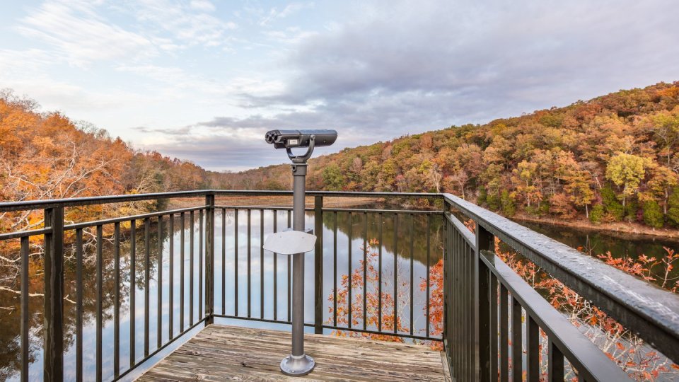 Viewing platform overlooking a calm lake surrounded by colorful autumn trees. A binocular telescope is mounted on the wooden deck