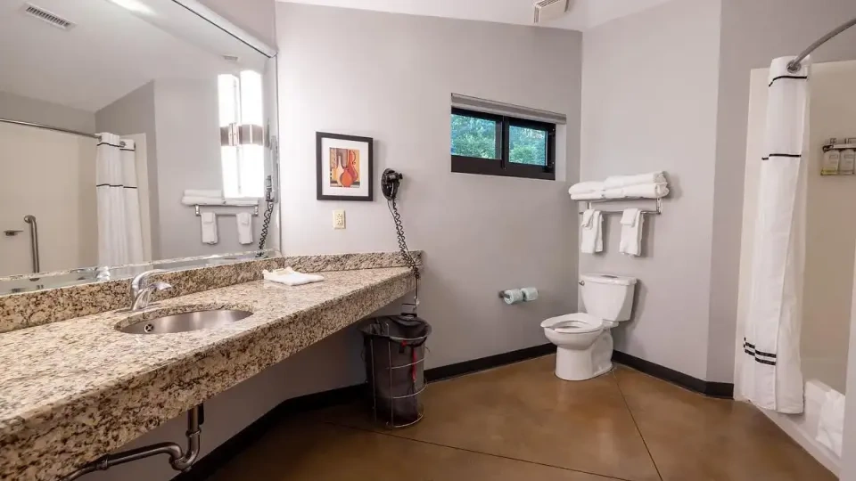 Modern bathroom with granite countertop, toilet, and shower.