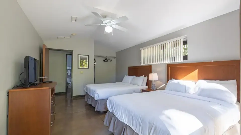 Two beds in a sunlit hotel room with a TV and ceiling fan.