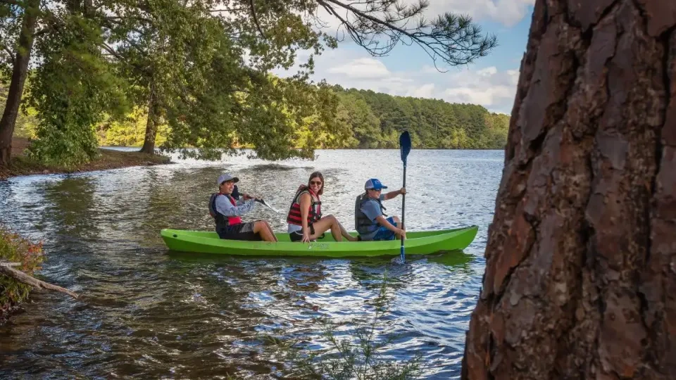 Group kayaking on the lake wearing life vests.