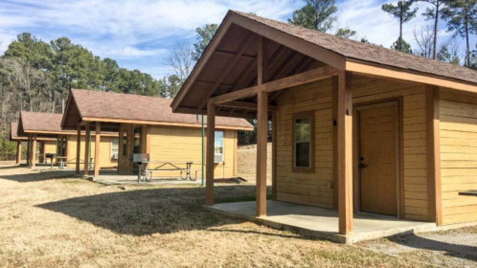 front of camping cabins
