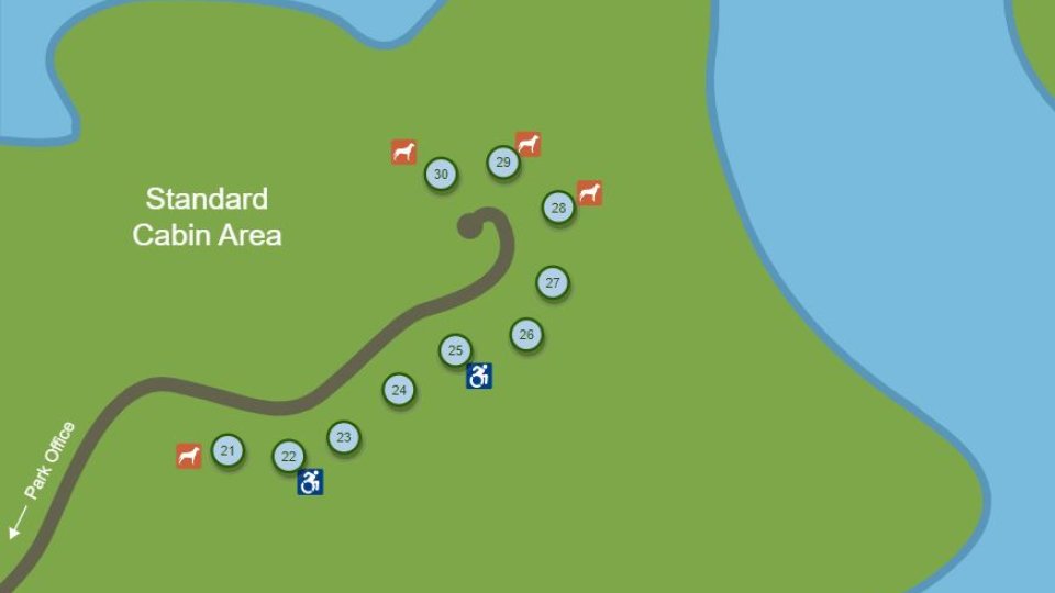 A map of standard cabin area with circles of where the cabins are located