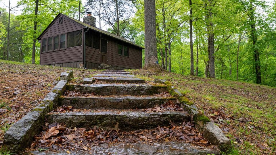 Brown cabin thats uphill surrounded by trees, steps leading to cabin