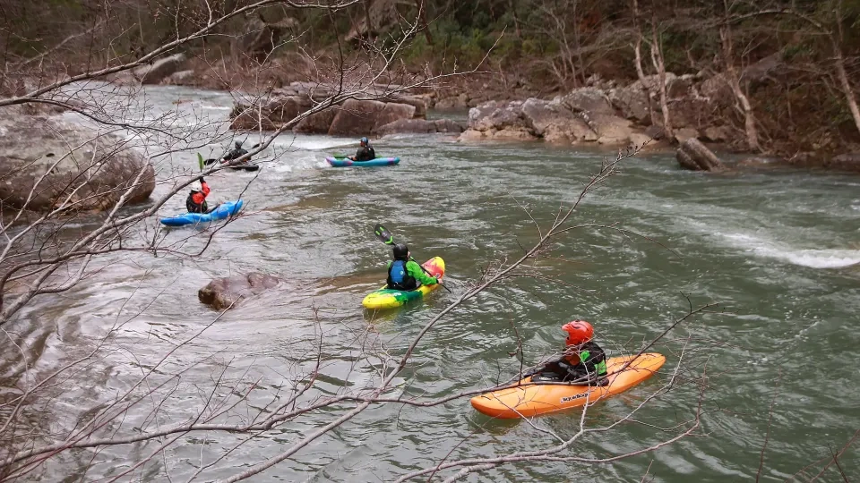 Kayakers paddling on a river surrounded by trees and rocks.