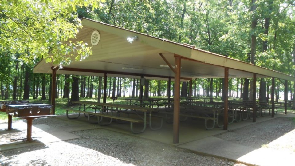 Pavilion with picnic table and grill surrounded by trees in Paris Landing
