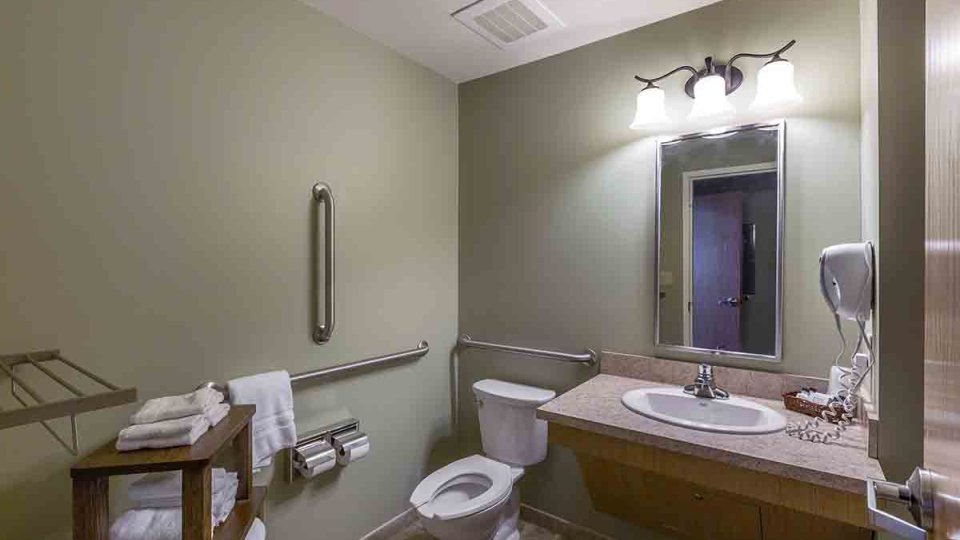 Bathroom with safety rails beside toilet, towels, sink with counter space, telephone, and mirror with lights above