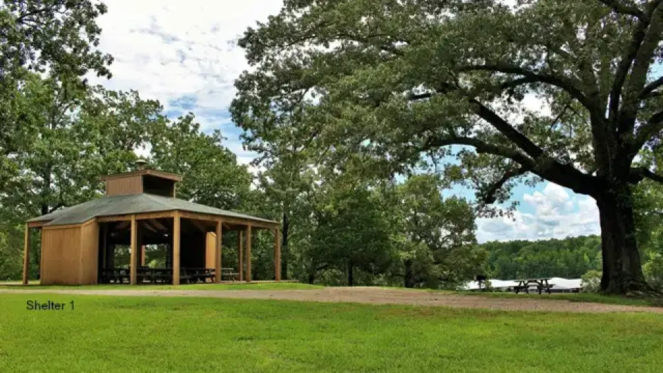 Open-air pavilion with picnic tables under large trees in a grassy park.